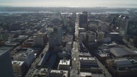 5K aerial stock footage of following Broadway and tilt to wider view of office buildings, Downtown Oakland, California Aerial Stock Footage | JDC02_009
