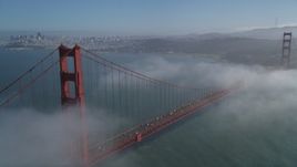 5K aerial stock footage fly over Marin Hills, reveal famous and iconic Golden Gate Bridge in fog, San Francisco, California Aerial Stock Footage | JDC02_025