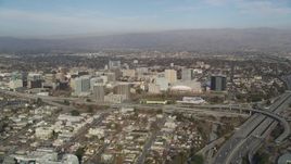 5K aerial stock footage of the city seen from Highway 87/Interstate 280 freeway interchange, Downtown San Jose, California Aerial Stock Footage | JDC04_005