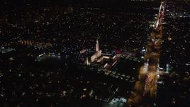 5K aerial stock footage tilt to reveal the Los Angeles California Temple, Westwood, California, at night Aerial Stock Footage | LD01_0050