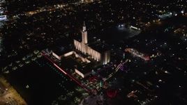5K aerial stock footage video of an orbit of Los Angeles California Temple, Westwood, California, at night Aerial Stock Footage | LD01_0052