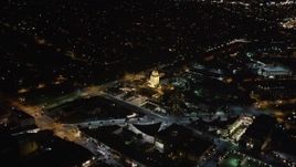 5K aerial stock footage approach the Beverly Hills Police Department building at night, California Aerial Stock Footage | LD01_0058