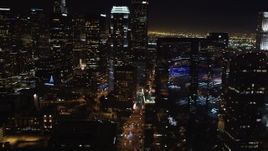 5K aerial stock footage pan across Downtown Los Angeles, California skyscrapers at night Aerial Stock Footage | LD01_0076