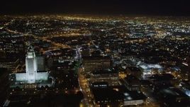 5K aerial stock footage flyby city hall and skyscrapers at night in Downtown Los Angeles, California Aerial Stock Footage | LD01_0078