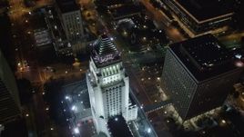 5K aerial stock footage approaching city hall at night Downtown Los Angeles, California Aerial Stock Footage | LD01_0087