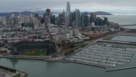 5.7K stock footage aerial video flyby AT&T Park and marina, with city skyline in background, Downtown San Francisco, California Aerial Stock Footage | PP0002_000018