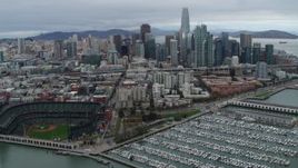 5.7K stock footage aerial video fly over AT&T Park and marina, with city skyline in background, Downtown San Francisco, California Aerial Stock Footage | PP0002_000019