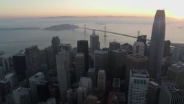 5.7K stock footage aerial video pan from Salesforce Tower to Coit Tower at sunrise in Downtown San Francisco, California Aerial Stock Footage | PP0002_000058