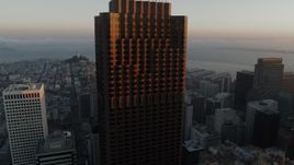 5.7K stock footage aerial video descend and pan across skyscrapers at sunrise, Downtown San Francisco, California Aerial Stock Footage | PP0002_000080