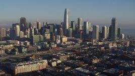 5.7K stock footage aerial video of flying by the city's skyline and pause for stationary view, Downtown San Francisco, California Aerial Stock Footage | PP0002_000091