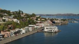 5.7K stock footage aerial video of flying by waterfront homes on a hill with a view of Richardson Bay in Sausalito, California Aerial Stock Footage | PP0002_000123