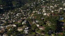 5.7K stock footage aerial video pan across hillside neighborhoods in Sausalito, California Aerial Stock Footage | PP0002_000128