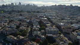 5.7K stock footage aerial video pan across Marina District apartment buildings, skyline in the background, San Francisco, California Aerial Stock Footage | PP0002_000140