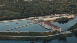 HD aerial stock footage of the Lockport Powerhouse at sunset in Joliet, Illinois Aerial Stock Footage | PP001_005
