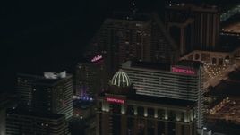 HD stock footage aerial video of panning past several hotels and casinos at night in Atlantic City, New Jersey Aerial Stock Footage | PP003_016