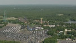HD stock footage aerial video of passing rides at the Six Flags Great Adventure theme park, Jackson, New Jersey Aerial Stock Footage | PP003_067