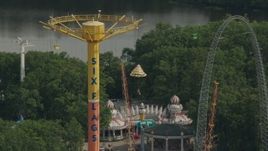 HD stock footage aerial video of the Parachute Jump Tower ride at Six Flags Great Adventure theme park, Jackson, New Jersey Aerial Stock Footage | PP003_074