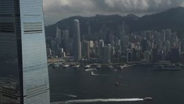 5K stock footage aerial video pan across waterfront skyscrapers on Hong Kong Island in China Aerial Stock Footage | SS01_0006