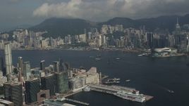 5K stock footage aerial video pan across Hong Kong Island high-rises and waterfront office buildings in Kowloon, Hong Kong, China Aerial Stock Footage | SS01_0007