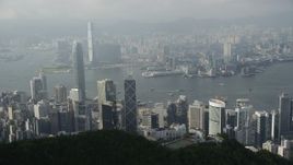 5K stock footage aerial video fly over peak to reveal harbor and skyscrapers on Hong Kong Island and Kowloon, China Aerial Stock Footage | SS01_0082