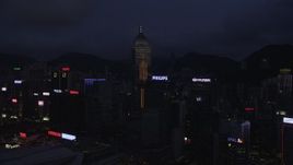5K stock footage aerial video approach Central Plaza and high-rises on Hong Kong Island at night, China Aerial Stock Footage | SS01_0134