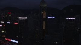 5K stock footage aerial video of Central Plaza and high-rises on Hong Kong Island at nighttime in China Aerial Stock Footage | SS01_0135