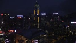 5K stock footage aerial video of Hong Kong Island skyscrapers, office buildings and convention center at night, China Aerial Stock Footage | SS01_0153