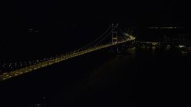 5K stock footage aerial video of flying by the Tsing Ma Bridge in Hong Kong at night, China Aerial Stock Footage | SS01_0243