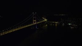 5K stock footage aerial video of passing part of the Tsing Ma Bridge at night in Hong Kong, China Aerial Stock Footage | SS01_0244