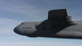 4K stock footage aerial video of the front half of a Lockheed C-5 in flight over Northern California Aerial Stock Footage | WAAF01_C020_0117PR