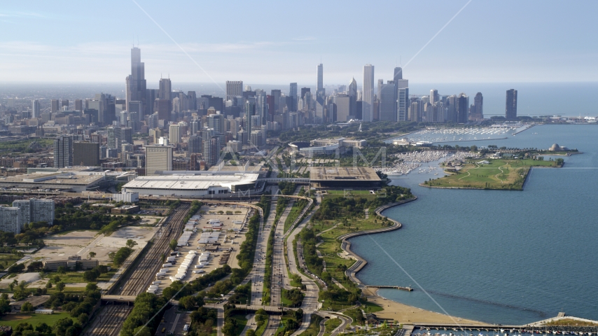 A view of the Downtown Chicago skyline in Illinois Aerial Stock Photo AX0001_015.0000268F | Axiom Images