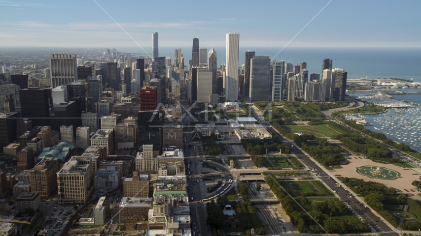 Grant Park and Downtown Chicago skyscrapers, Illinois Aerial Stock Photo AX0001_023.0000344F | Axiom Images