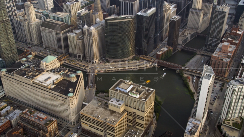 Bridges spanning the Chicago River in Downtown Chicago, Illinois Aerial Stock Photo AX0001_033.0000000F | Axiom Images