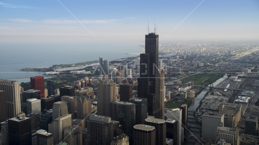 The giant Willis Tower in Downtown Chicago, Illinois Aerial Stock Photo AX0001_033.0000366F | Axiom Images