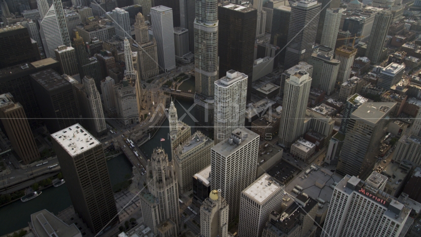 City skyscrapers around the Chicago River, Downtown Chicago, Illinois Aerial Stock Photo AX0001_040.0000028F | Axiom Images