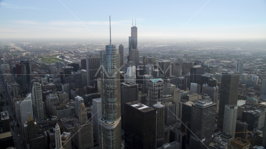 Trump Tower Chicago, and Willis Tower in the distance, Downtown Chicago, Illinois Aerial Stock Photo AX0001_040.0000228F | Axiom Images