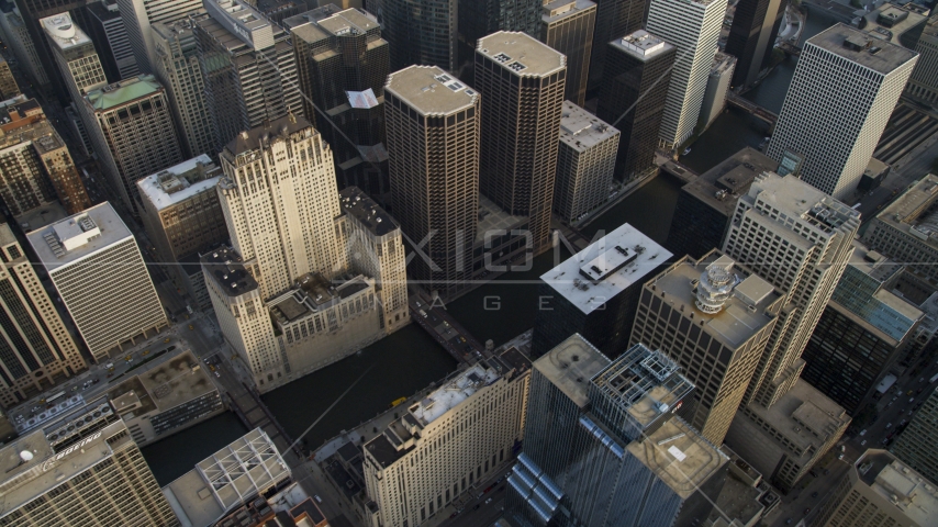 City buildings surrounding the Chicago River in Downtown Chicago, Illinois Aerial Stock Photo AX0001_045.0000000F | Axiom Images