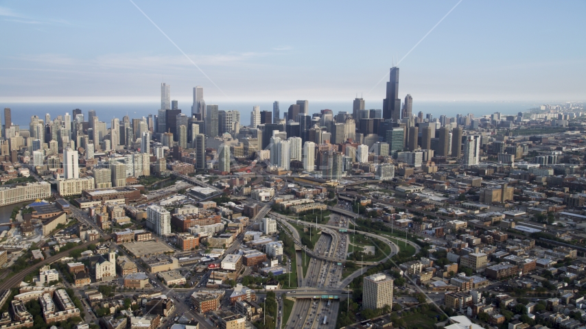 The city's skyline seen from Interstate 90 and 94,  Downtown Chicago, Illinois Aerial Stock Photo AX0001_064.0000381F | Axiom Images
