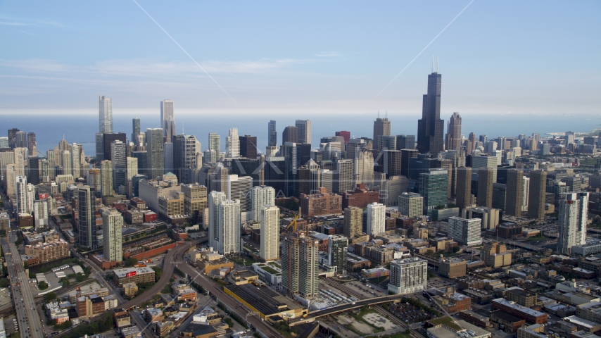A view of tall Downtown Chicago skyscrapers, Illinois Aerial Stock Photo AX0001_066.0000000F | Axiom Images