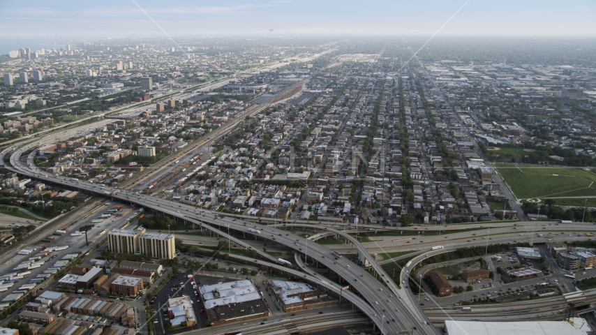 The Interstate 90, 94, and 55 interchange and urban neighborhoods, South Chicago, Illinois Aerial Stock Photo AX0001_075.0000122F | Axiom Images