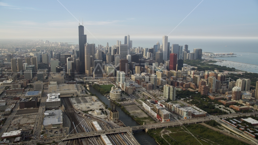 The Chicago River near Willis Tower and the Downtown Chicago skyline, Illinois Aerial Stock Photo AX0001_077.0000231F | Axiom Images
