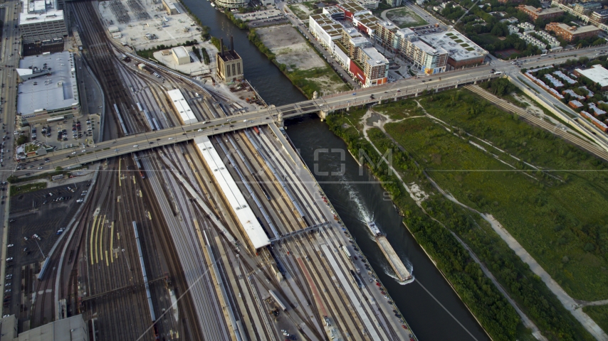 Metra Railroad Yard and Chicago River, Downtown Chicago, Illinois Aerial Stock Photo AX0001_078.0000000F | Axiom Images