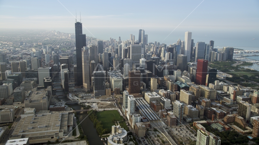 Hazy Downtown Chicago, Illinois seen from south of the city Aerial Stock Photo AX0001_078.0000280F | Axiom Images