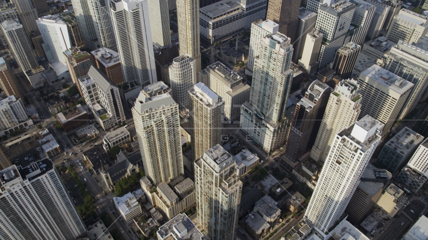 A view of city high-rises in Downtown Chicago, Illinois Aerial Stock Photo AX0001_086.0000021F | Axiom Images