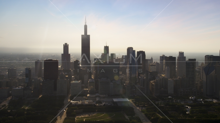 Iconic Willis Tower and skyscrapers in Downtown Chicago, Illinois Aerial Stock Photo AX0001_095.0000190F | Axiom Images