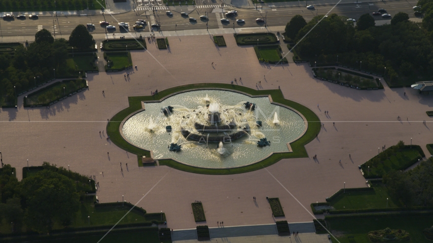 Buckingham Fountain in Grant Park, Chicago, Illinois Aerial Stock Photo AX0001_097.0000113F | Axiom Images