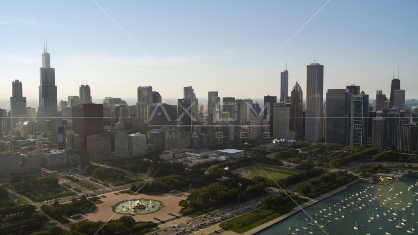 Grant Park and the Downtown Chicago skyline, Illinois Aerial Stock Photo AX0001_101.0000418F | Axiom Images