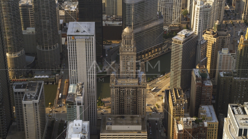 The Kemper Building and 35 East Wacker in Downtown Chicago, Illinois Aerial Stock Photo AX0001_116.0000090F | Axiom Images