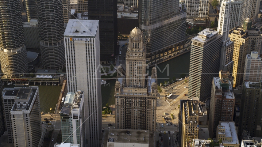 The Kemper Building and 35 East Wacker skyscrapers in Downtown Chicago, Illinois Aerial Stock Photo AX0001_116.0000156F | Axiom Images