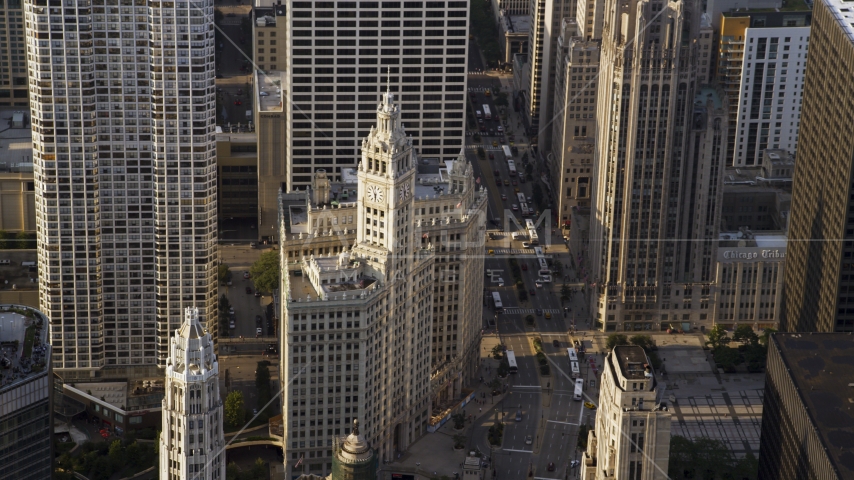 The Wrigley Building in Downtown Chicago, Illinois Aerial Stock Photo AX0001_117.0000038F | Axiom Images